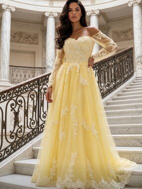 Elegant Yellow Strapless Lace Evening Gown w/Optional Sleeves